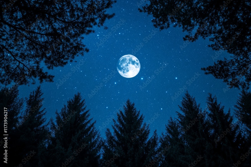 Naklejka premium starry night sky with a bright full moon, framed by silhouettes of tall trees landscape