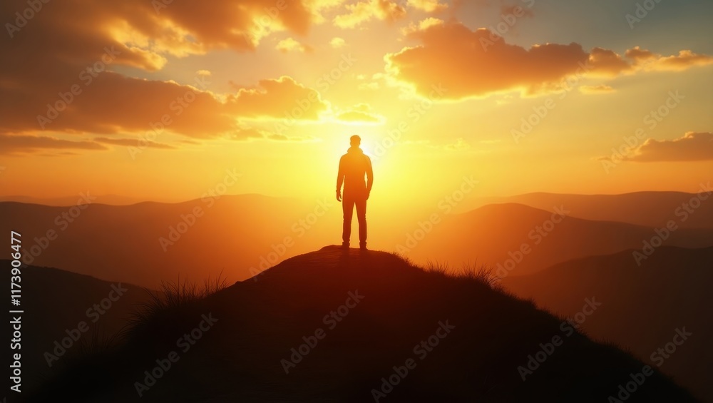 Person stands on a mountain peak against a stunning sunset backdrop with vibrant colors Person stands on a mountain peak against a stunning sunset backdrop with vibrant colors