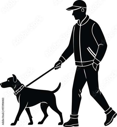 stylish silhouette of a man walking a dog with a leash vector design