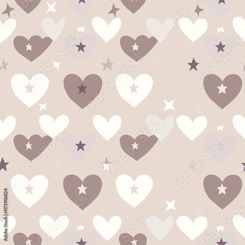 Soft pastel pattern featuring hearts and stars in neutral tones, ideal for romantic or playful themes in design projects.