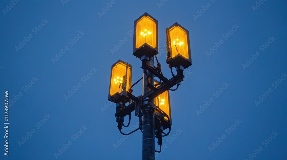 Four yellow lights glow against a twilight blue sky. This unique streetlight design could illuminate parking lots, pathways, or urban spaces. Four yellow lights glow against a twilight blue sky. This unique streetlight design could illuminate parking lots, pathways, or urban spaces.