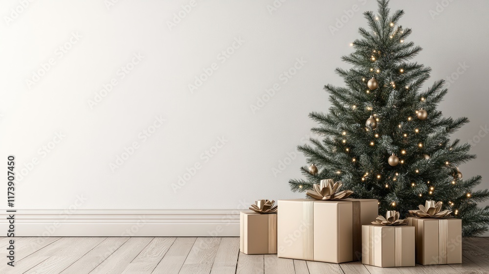 A minimalist Christmas scene with a decorated tree and gold gifts. Ideal for Christmas cards, website banners, or social media posts. A minimalist Christmas scene with a decorated tree and gold gifts. Ideal for Christmas cards, website banners, or social media posts.