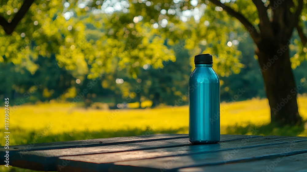 Vibrant image of a reusable water bottle resting on a picnic table, with a scenic park in the background Vibrant image of a reusable water bottle resting on a picnic table, with a scenic park in the background