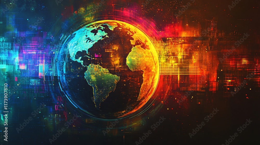 Obraz premium Vibrant digital globe surrounded by colorful data streams.