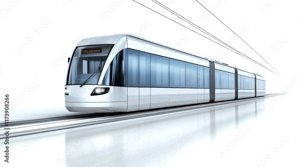 Fototapeta premium A sleek modern light rail train speeds along a track against a white background. Ideal for transportation, technology, and futuristic designs.