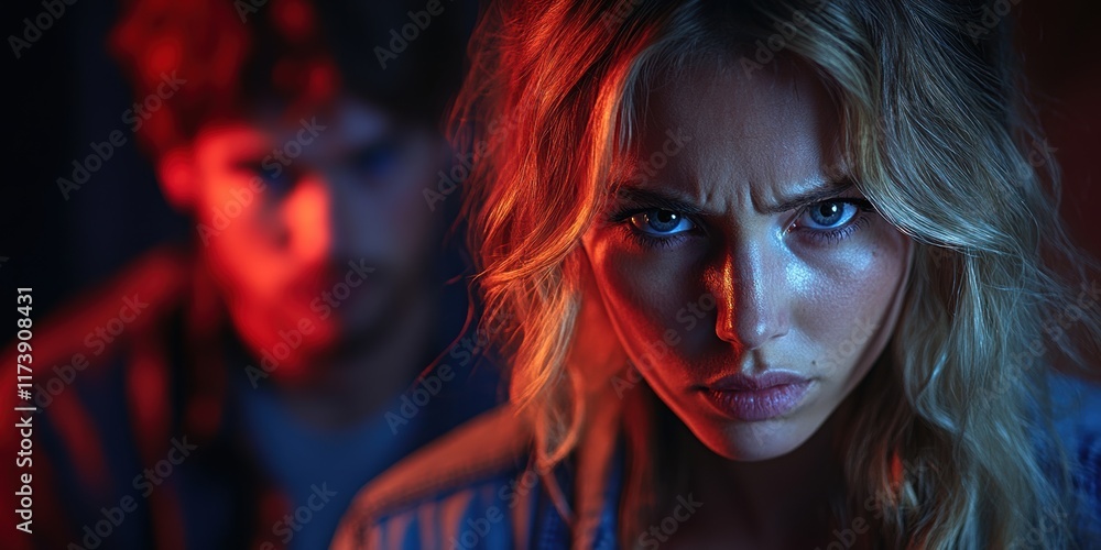 A Portrait of a Woman with Intense and Focused Expression in Dramatic Lighting Contrasting with a Blurred Background Figure Suggesting Underlying Tensions A Portrait of a Woman with Intense and Focused Expression in Dramatic Lighting Contrasting with a Blurred Background Figure Suggesting Underlying Tensions