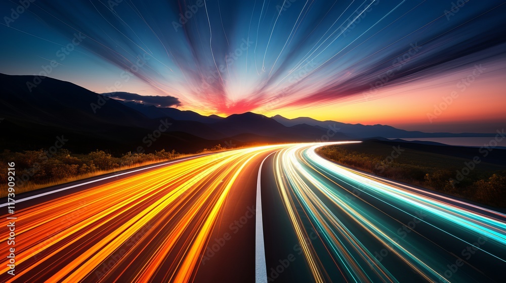 Vibrant sunset colors reflect on a winding road captured in motion. Generative AI Vibrant sunset colors reflect on a winding road captured in motion. Generative AI