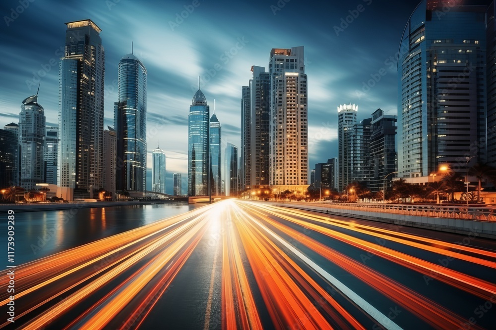 Fototapeta premium City skyline illuminated by vibrant light trails at dusk near the river. Generative AI