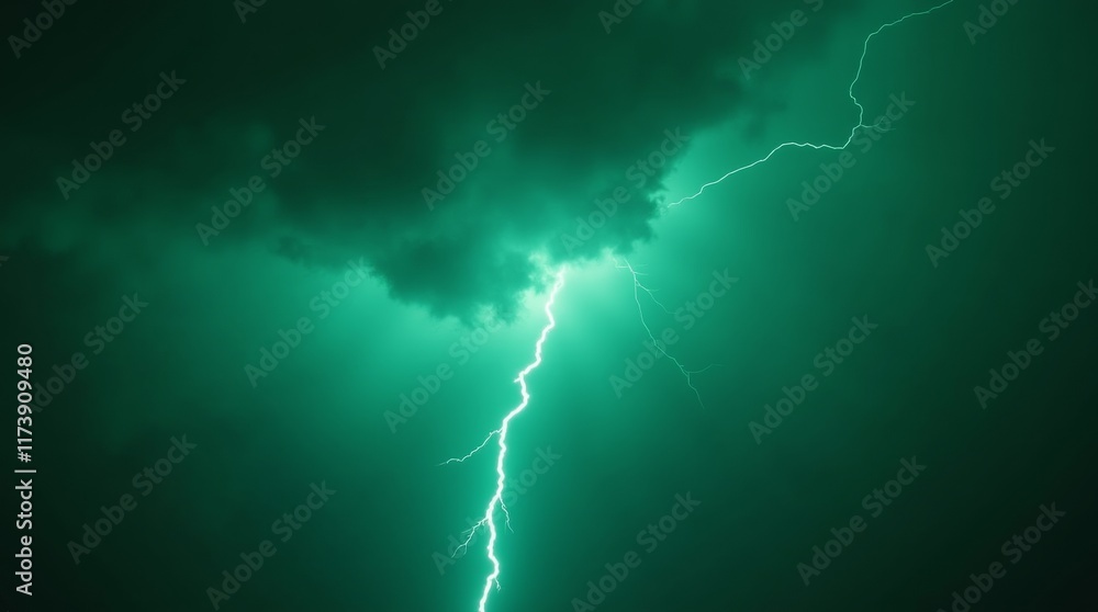 Lightning illuminating a stormy green sky background for energy, power, danger design concept Lightning illuminating a stormy green sky background for energy, power, danger design concept
