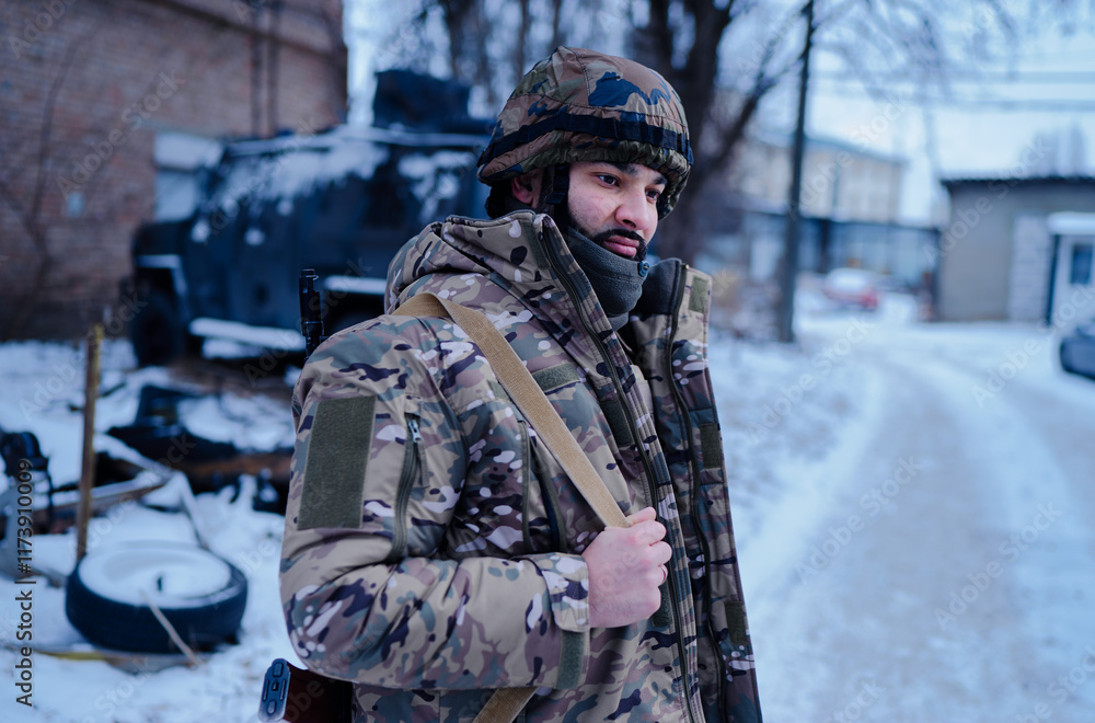 Urban photo of Fully equipped desert camouflage soldier in mask, helmet, armor standing with rifle Urban photo of Fully equipped desert camouflage soldier in mask, helmet, armor standing with rifle