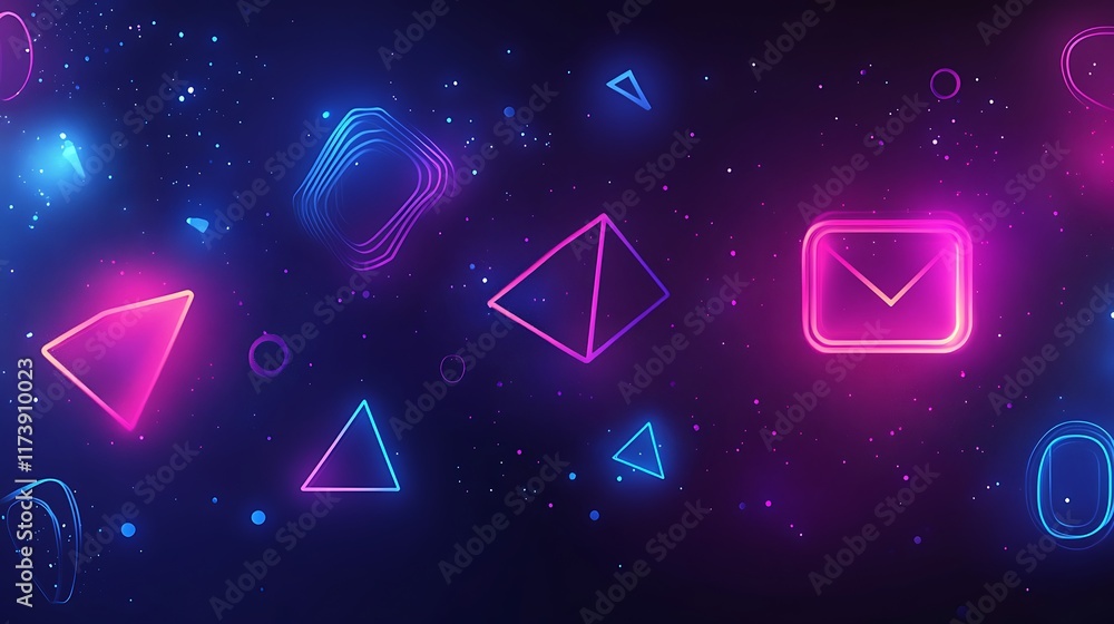 Naklejka premium Neon Geometric Shapes and Email Symbol in Space
