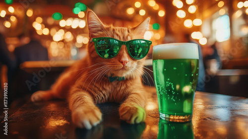 Cool ginger cat in sunglasses posing near glass of green beer in pub. St. Patrick Day