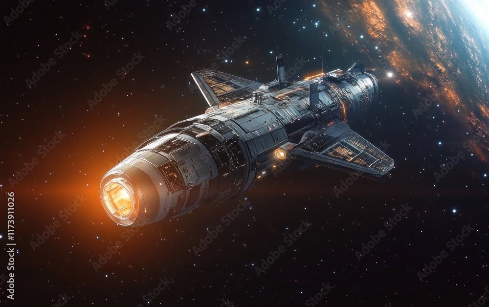 Fototapeta premium Futuristic Spacecraft in Cosmic Exploration of Deep Space with Dramatic Lighting and Hyper-Realistic Design