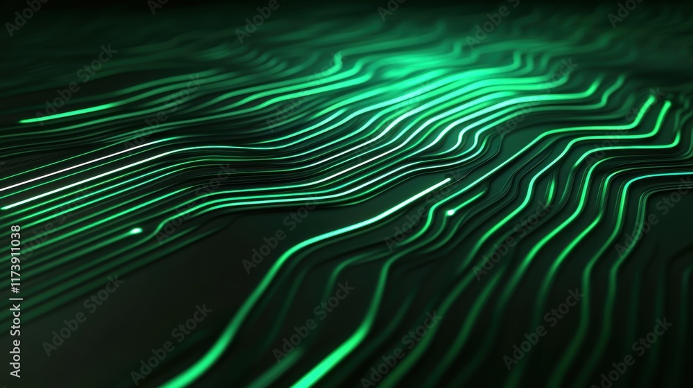 Obraz premium Abstract green glowing wavy lines on a dark background. Digital 3D render with futuristic design elements