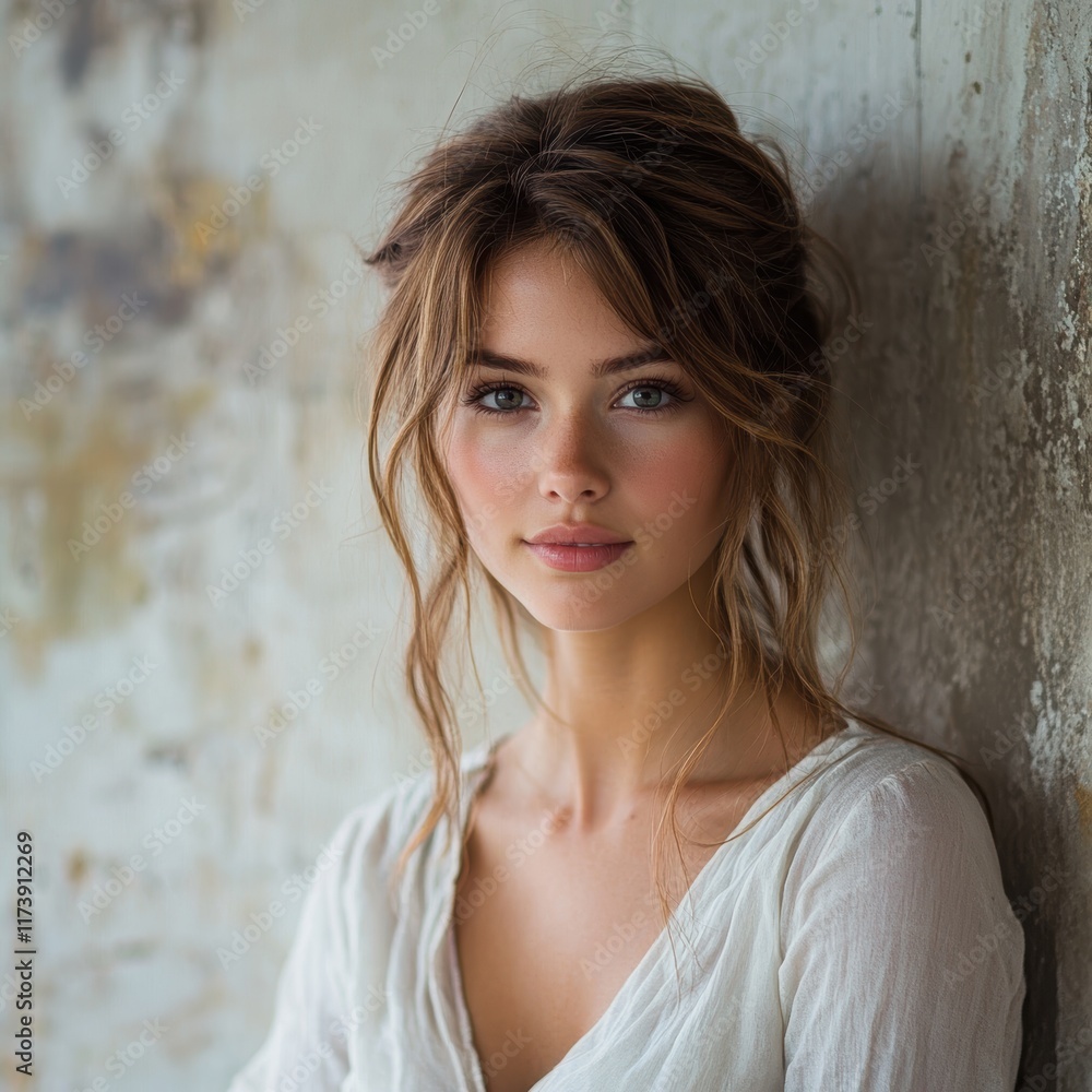 Portrait of a young woman with long hair and a serene expression against a textured wall, showcasing the play of natural light and earthy tones creating a visually compelling and aesthetically Portrait of a young woman with long hair and a serene expression against a textured wall, showcasing the play of natural light and earthy tones creating a visually compelling and aesthetically