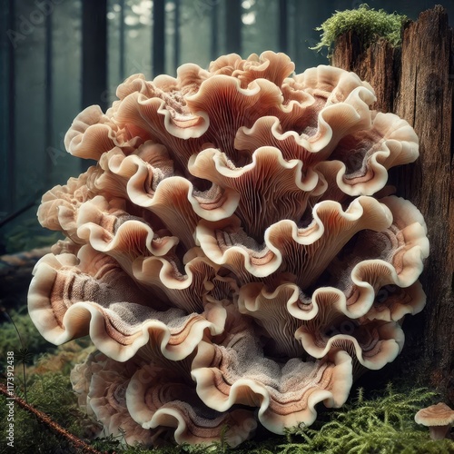 Close-up view of grifola frondosa - hen of the woods photo