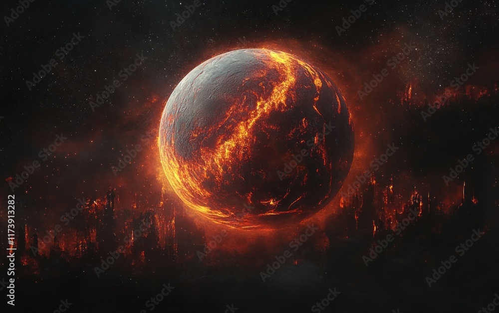 Fiery Planet with Molten Textures and Dramatic Lighting in Hyper-Realistic Space Art of Catastrophic Global Destruction Fiery Planet with Molten Textures and Dramatic Lighting in Hyper-Realistic Space Art of Catastrophic Global Destruction