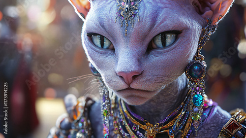 Futuristic Portraits of an Alien-Like Humanoid Cat with Colorful Beads and Intricate Accessories, Blending Feline and Human Features in a Sci-Fi Fantasy Style photo