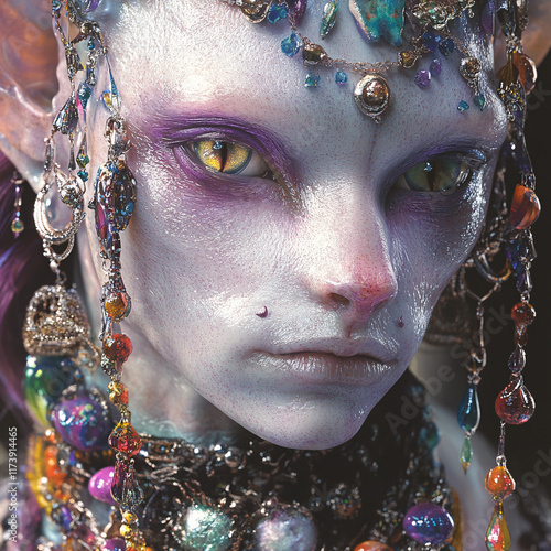 Futuristic Portraits of an Alien-Like Humanoid Cat with Colorful Beads and Intricate Accessories, Blending Feline and Human Features in a Sci-Fi Fantasy Style photo