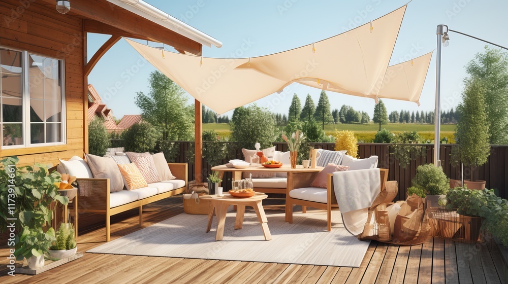 Fototapeta premium Inviting outdoor space with cozy seating and sun shades for summer gatherings. Generative AI