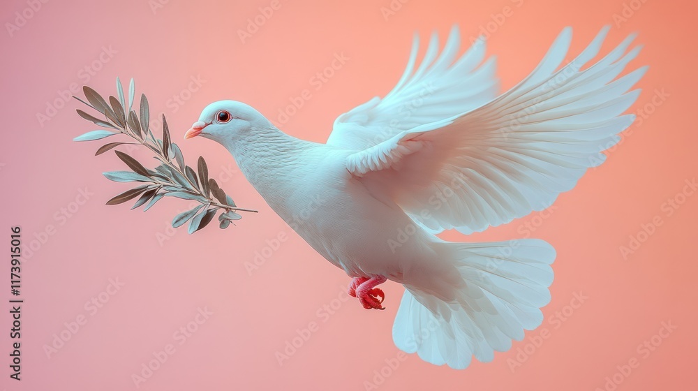 Obraz premium White dove in flight carrying an olive branch against a soft pink background.