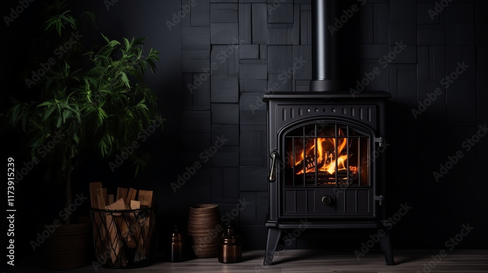 Obraz premium Warmth and comfort radiate from a black stove in a cozy corner setting. Generative AI