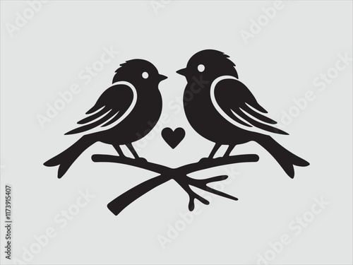 Minimalist Silhouette of Two Love Birds Sitting on a Branch Vector Illustration