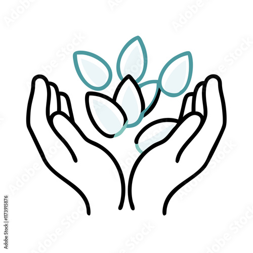 Minimalist Illustration of Hands Holding Leaves Symbolizing Care for Nature and Sustainability
