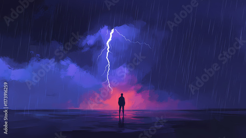 Lonely figure amidst a powerful lightning storm, dramatic atmospheric effects. Rainfall. Illustration photo