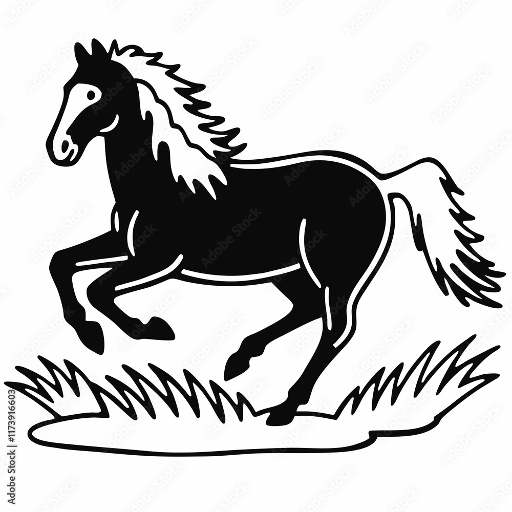 Black stallion vector illustration features a running horse silhouette with a white mane Black stallion vector illustration features a running horse silhouette with a white mane