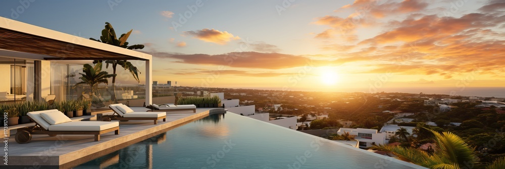 Sunset view from luxurious villa with infinity pool overlooking the coastline. Generative AI Sunset view from luxurious villa with infinity pool overlooking the coastline. Generative AI