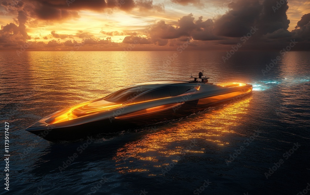 Fototapeta premium Luxury Yacht at Sunset: A Glimpse of Opulence and Serenity