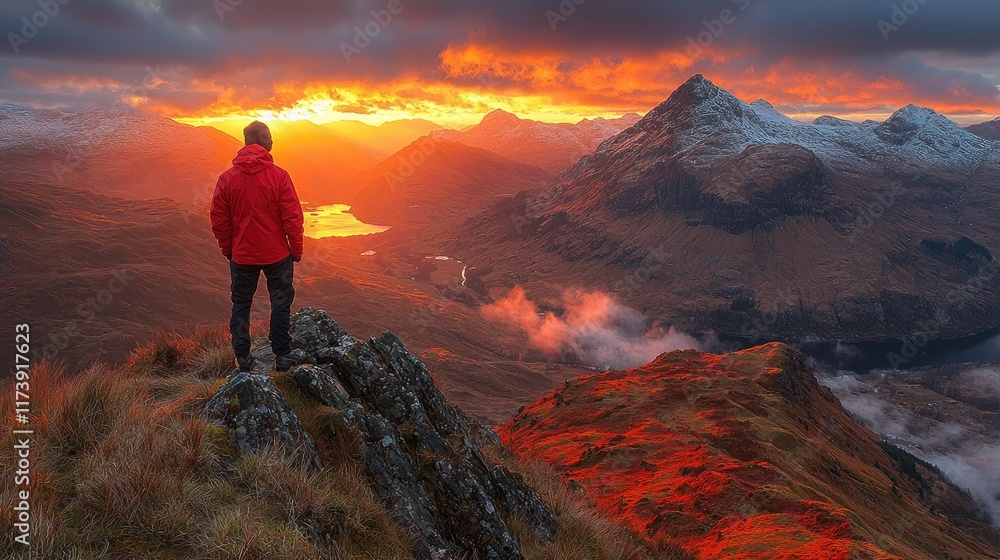 Fototapeta premium Man admires sunset over dramatic mountain range.