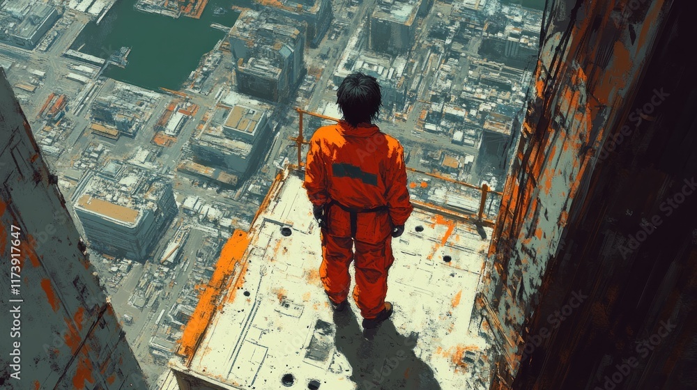 Fototapeta premium Anime Construction Worker in Orange Jumpsuit on Dynamic Urban Construction Site