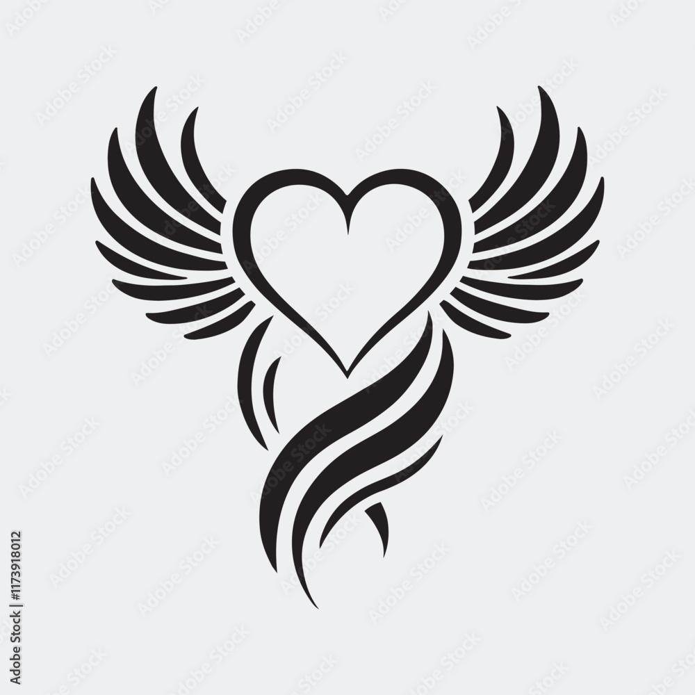 Silhouette of a Heart with Wings Designed with Smooth Lines Vector Illustration Silhouette of a Heart with Wings Designed with Smooth Lines Vector Illustration