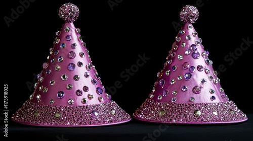 Two sparkling magenta cone-shaped hats adorned with iridescent gems. Perfect for whimsical costumes, festive celebrations, or adding a touch of magic.