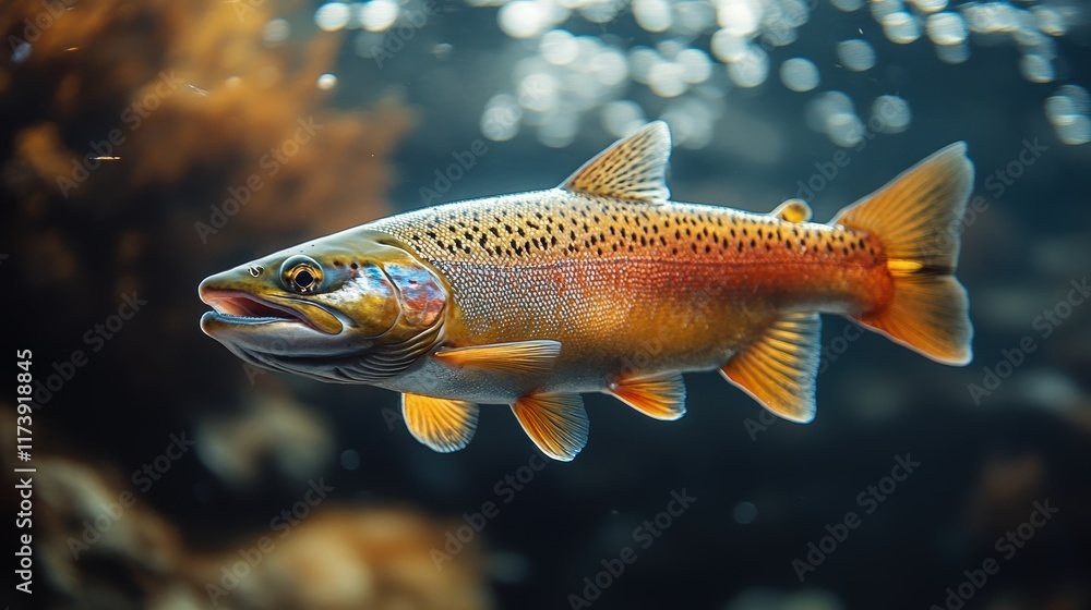 Close-up Underwater Image of a Vibrant Trout Amidst Aquatic Vegetation, Highlighting Fin Patterns and Scale Colors in Natural Freshwater Habitat Close-up Underwater Image of a Vibrant Trout Amidst Aquatic Vegetation, Highlighting Fin Patterns and Scale Colors in Natural Freshwater Habitat
