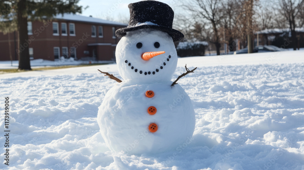 Obraz premium The face of a snowman with a carrot, hat and buttons