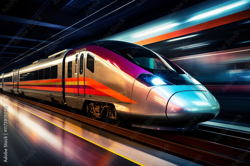 Naklejka premium High-speed train gliding through a vibrant railway station at night. Generative AI