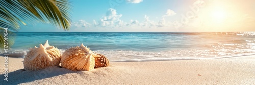 Beautiful Tropical Beach Scene with Seashells on Sandy Shore and Palm Tree in Foreground under Sunny Sky by Ocean During Daytime