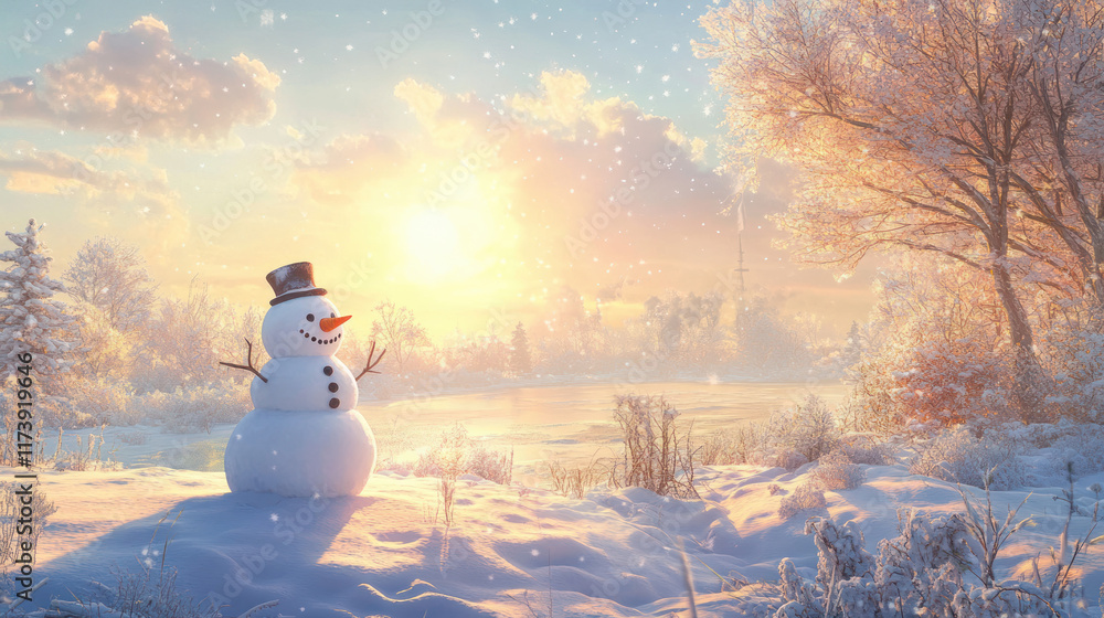 Fototapeta premium Snowman in a Natural Winter Landscape