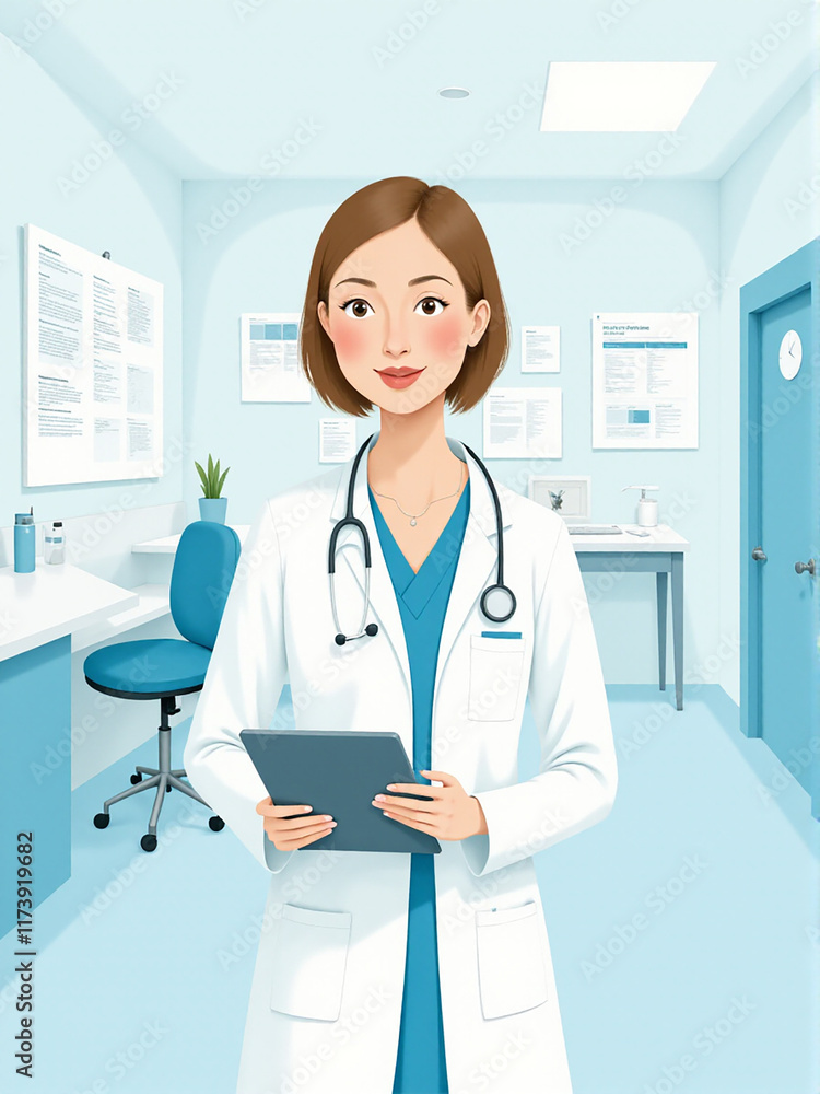 A modern female doctor in a bright and calm medical office, holding a tablet and wearing a white coat. A modern female doctor in a bright and calm medical office, holding a tablet and wearing a white coat.