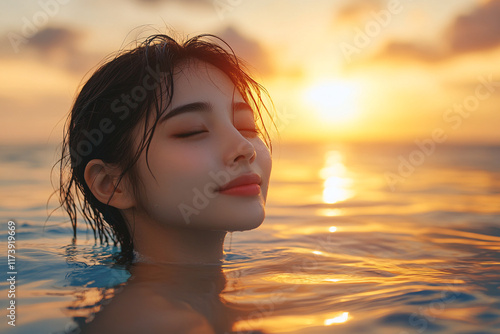 Serene Portrait of a Young Woman Relaxing in a Pool at Sunset, Capturing the Luxury and Beauty of a Tropical Paradise Retreat photo