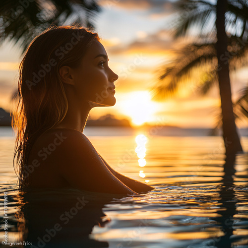 Serene Portrait of a Young Woman Relaxing in a Pool at Sunset, Capturing the Luxury and Beauty of a Tropical Paradise Retreat photo