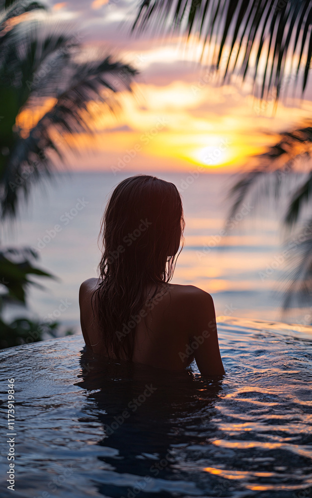 Serene Portrait of a Young Woman Relaxing in a Pool at Sunset, Capturing the Luxury and Beauty of a Tropical Paradise Retreat Serene Portrait of a Young Woman Relaxing in a Pool at Sunset, Capturing the Luxury and Beauty of a Tropical Paradise Retreat