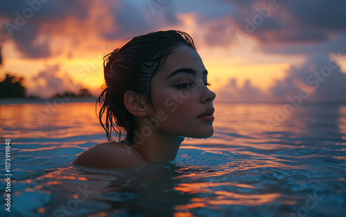 Serene Portrait of a Young Woman Relaxing in a Pool at Sunset, Capturing the Luxury and Beauty of a Tropical Paradise Retreat photo