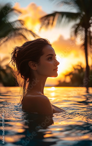 Serene Portrait of a Young Woman Relaxing in a Pool at Sunset, Capturing the Luxury and Beauty of a Tropical Paradise Retreat photo