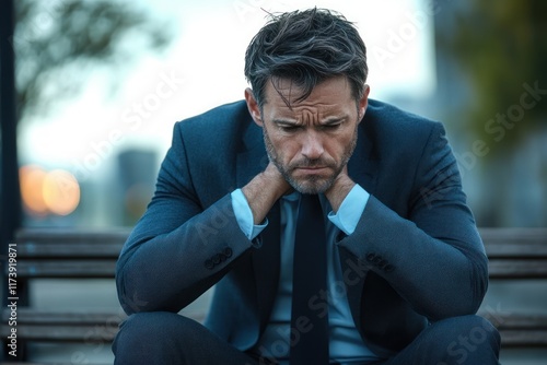 Troubled Businessman Contemplating Stress and Sadness on a Park Bench photo