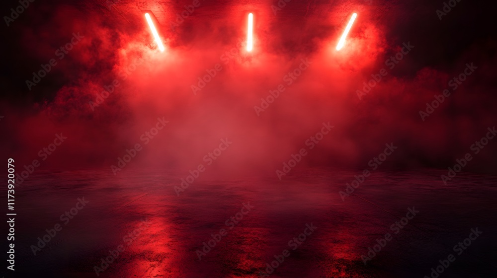 Fototapeta premium A dark, empty room with a concrete floor illuminated by neon red light and filled with smoke for a mysterious setting