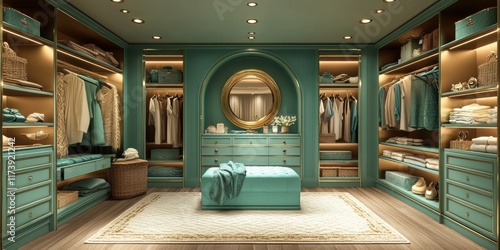 Spacious and Luxurious Walk-In Closet Featuring Teal-Toned Custom Cabinets and Shelving with Centerpiece Ottoman for an Elegant Storage Solution photo